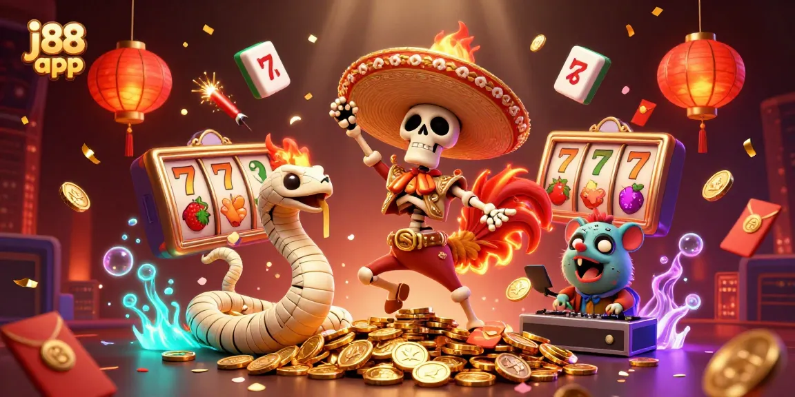 Experience the excitement of the j88 app with vibrant casino characters celebrating amidst golden coins and dazzling symbols.