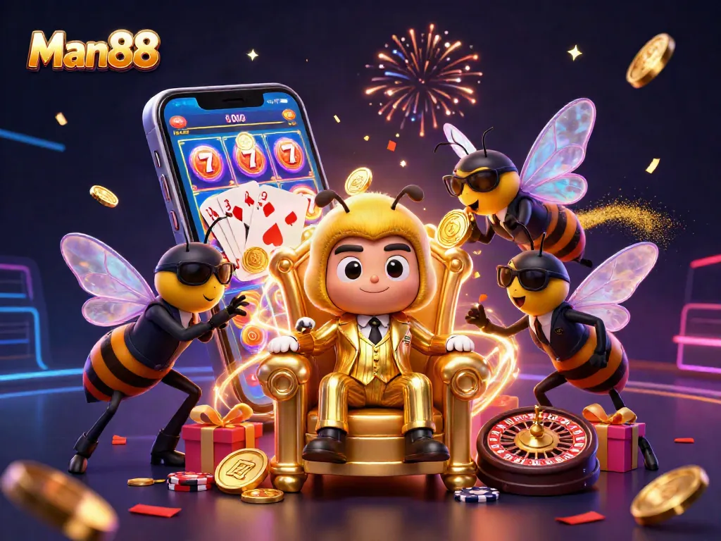 Man88 showcases an engaging casino scene with winning slot games and vibrant characters.