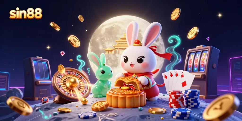 Experience the excitement at sin88 with a vibrant moon rabbit scene filled with casino elements.