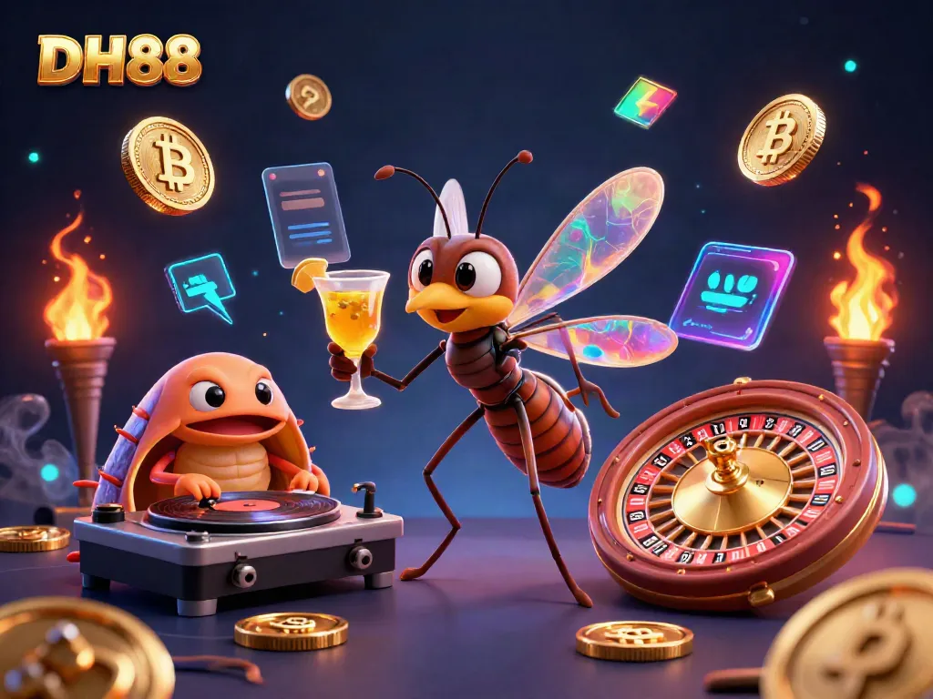 Experience the thrill of DH88 with animated casino characters and glowing crypto elements.