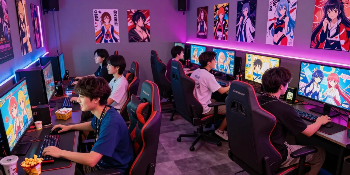 Engaged gamers playing a vibrant game hentai visual novel in a lively cafe.