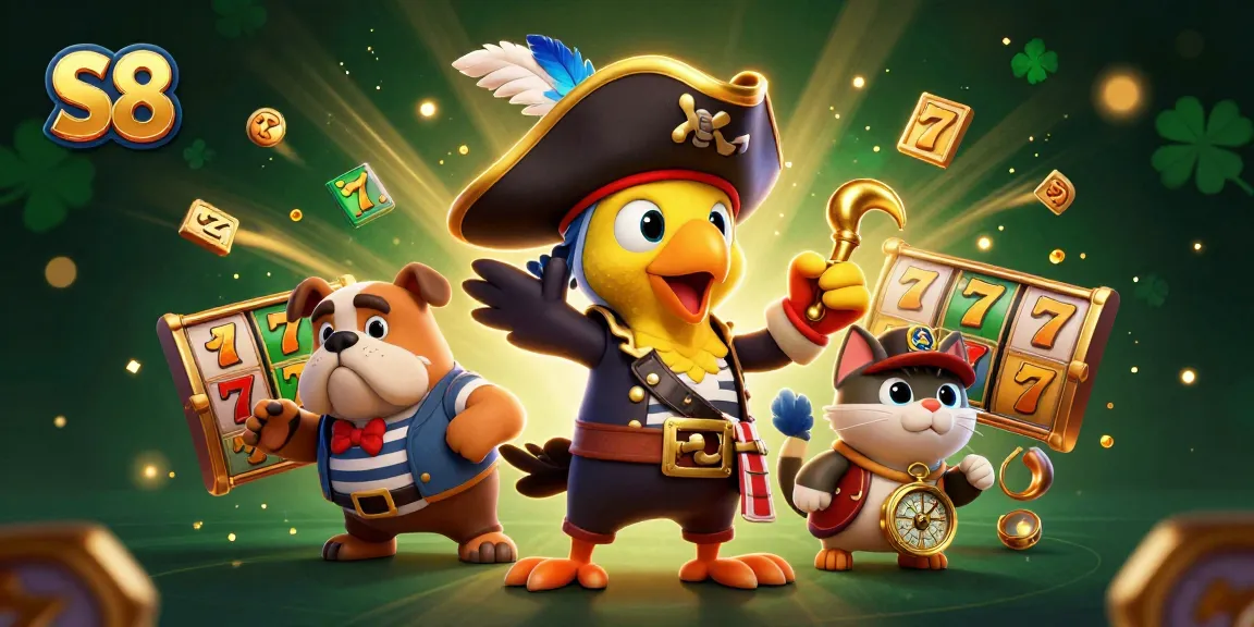 S8 players engage with a vibrant pirate-themed slot machine adventure featuring dynamic characters and game elements.