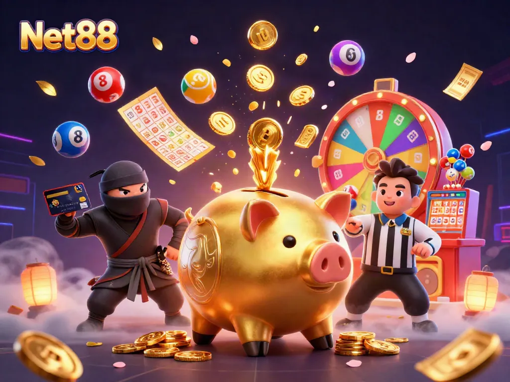 Bet on Net88 with a vibrant scene featuring a sumo wrestler, ninja, and referee amidst lottery elements.