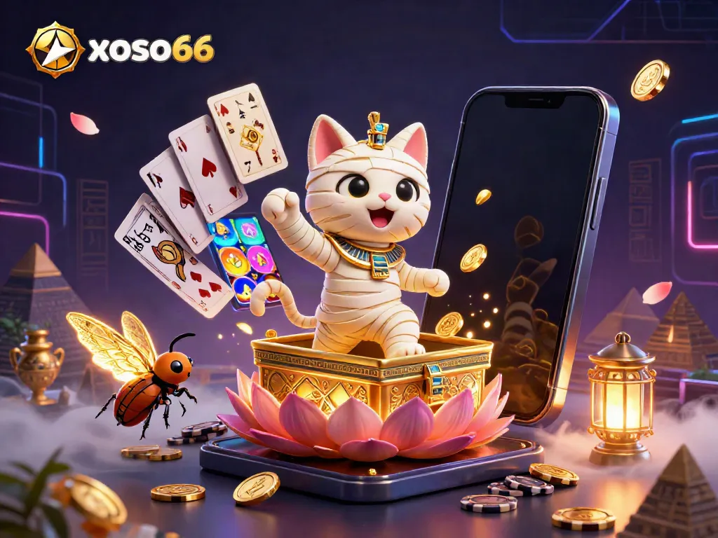 Experience thrilling games and promotions at xoso66 in a vibrant casino scene featuring a mummy cat and scarab.