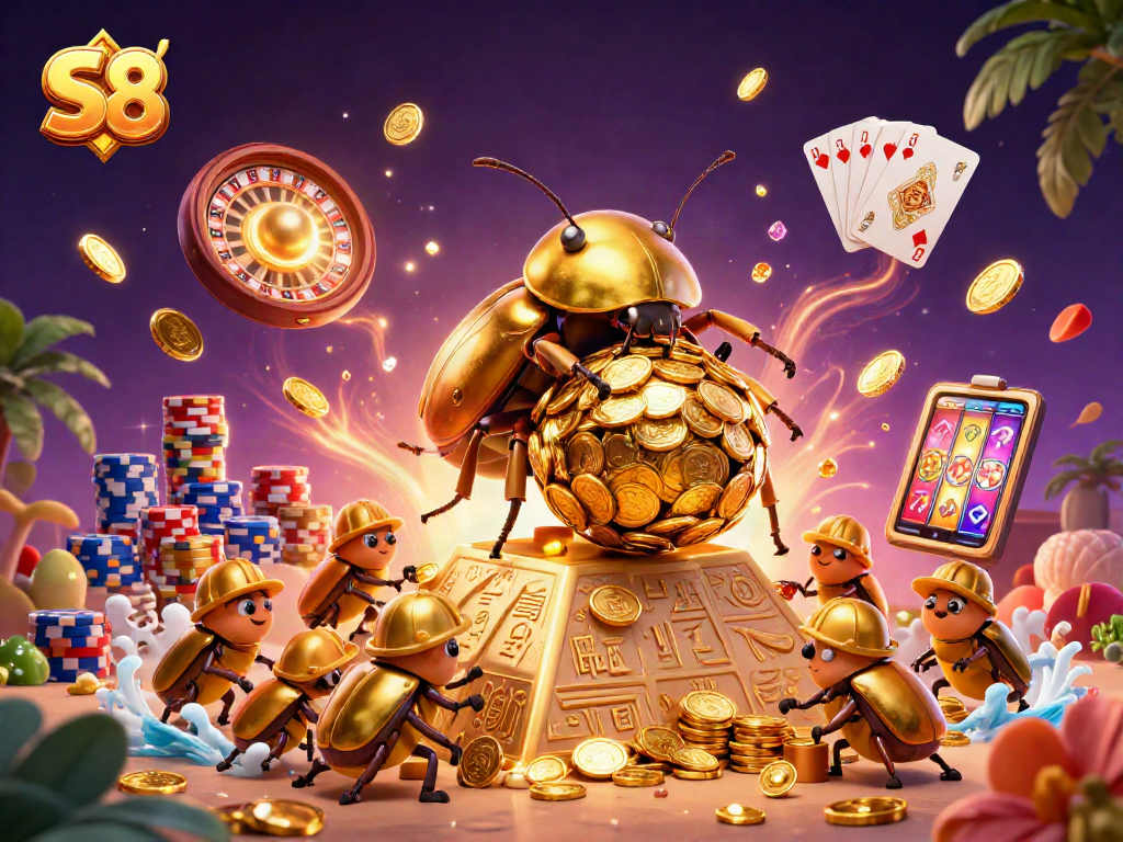Experience thrilling gameplay with S8's stunning golden casino scene of beetles and coins.