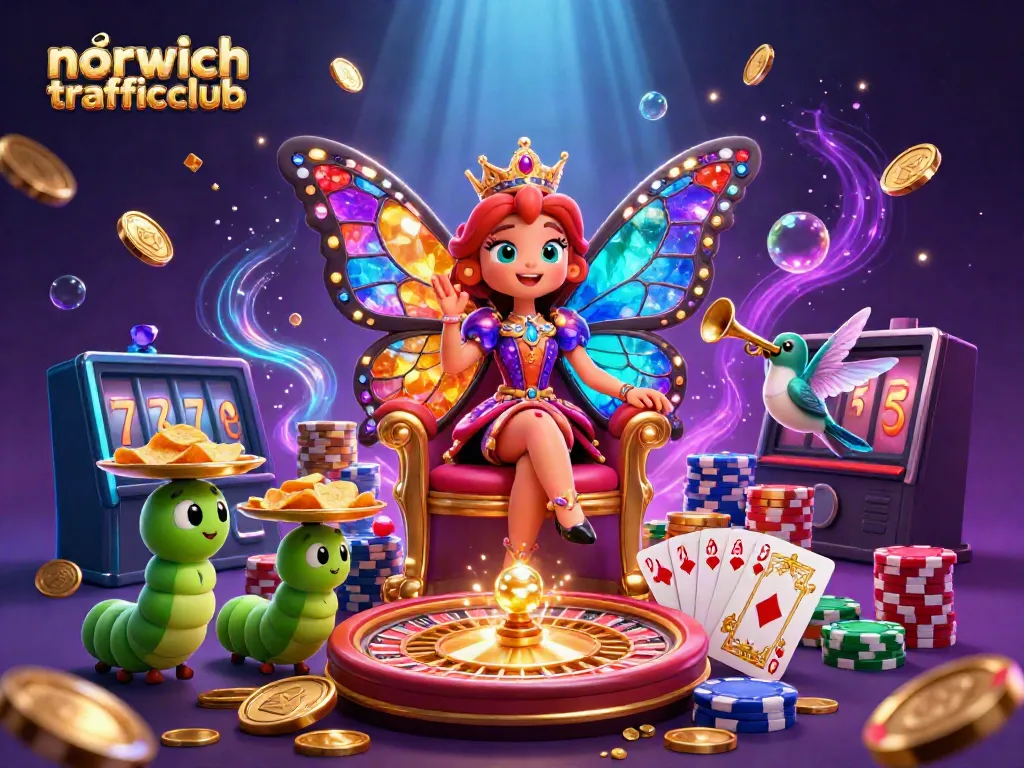 Engage in gaming excitement with norwichtrafficclub's vibrant butterfly queen in a magical casino realm.