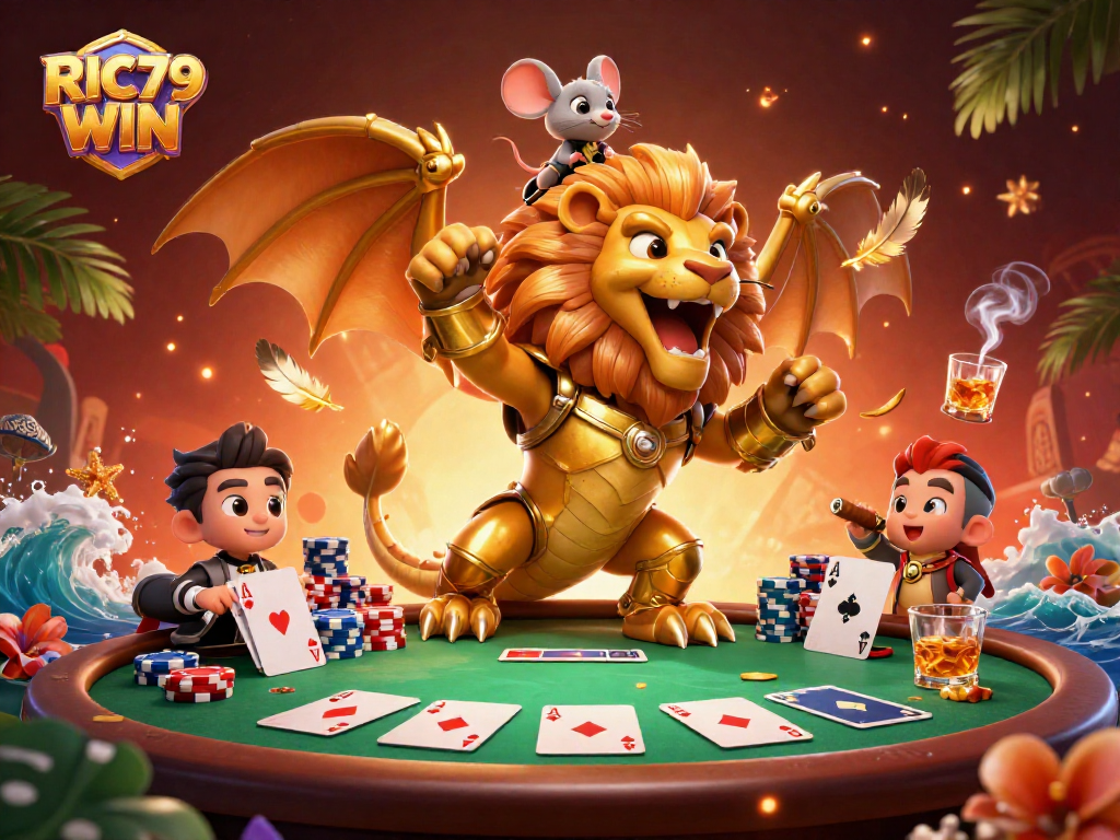 Experience the thrill of RIC79 WIN with dynamic poker action in a vibrant 3D illustration.