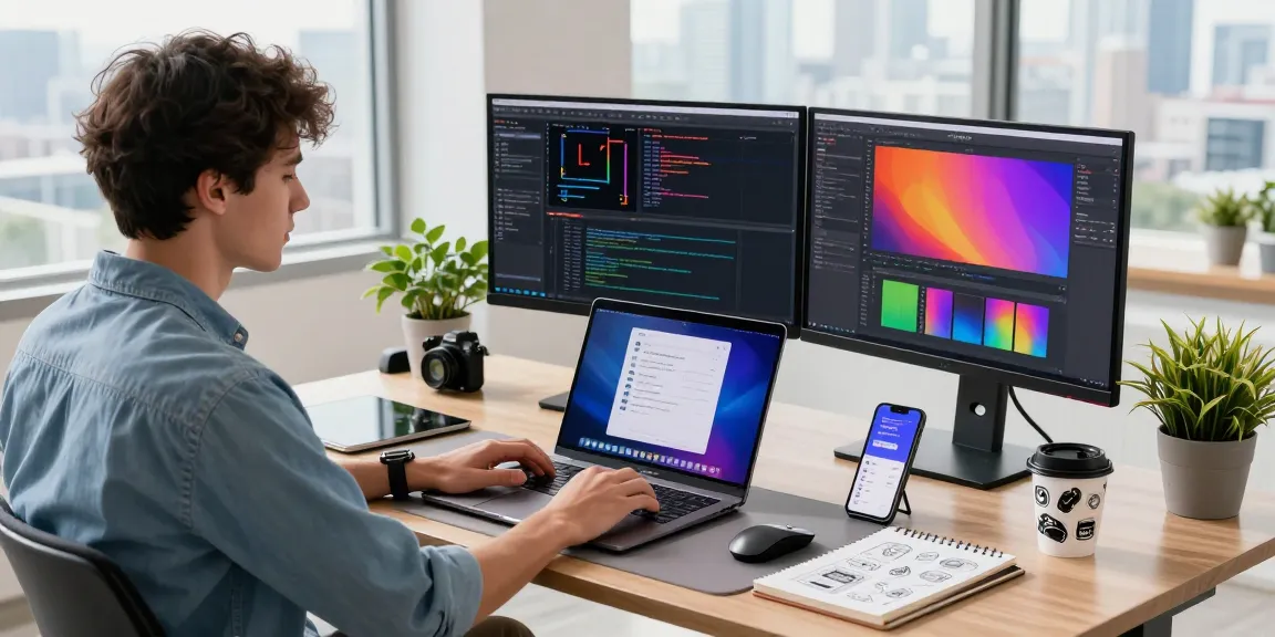 M5 MacBook in a modern workspace, professional using creative applications while coding and designing with dual monitors and tech gadgets.