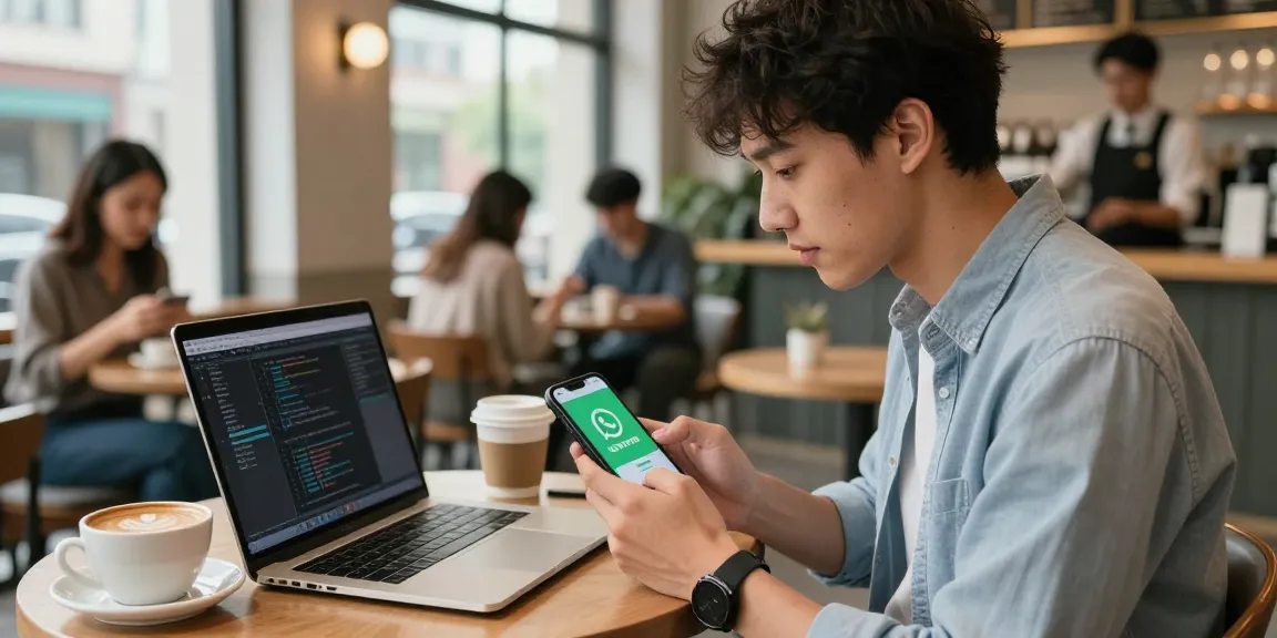 WhatsApp下載 process displayed on smartphone in a busy cafe setting, with stylish tech accessories.