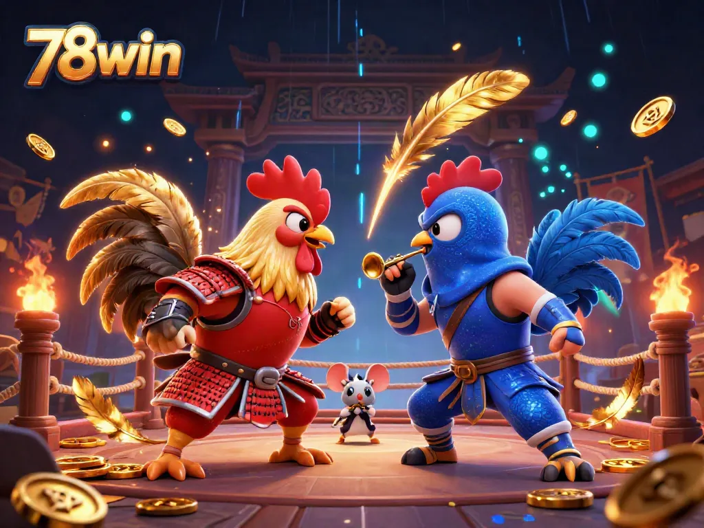 Engage with thrilling 78win action showcasing fierce roosters and golden betting tokens.