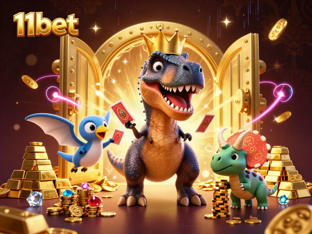 Engaging 3D scene showing 11bet with a dinosaur shuffling cards and a triceratops stacking golden chips.