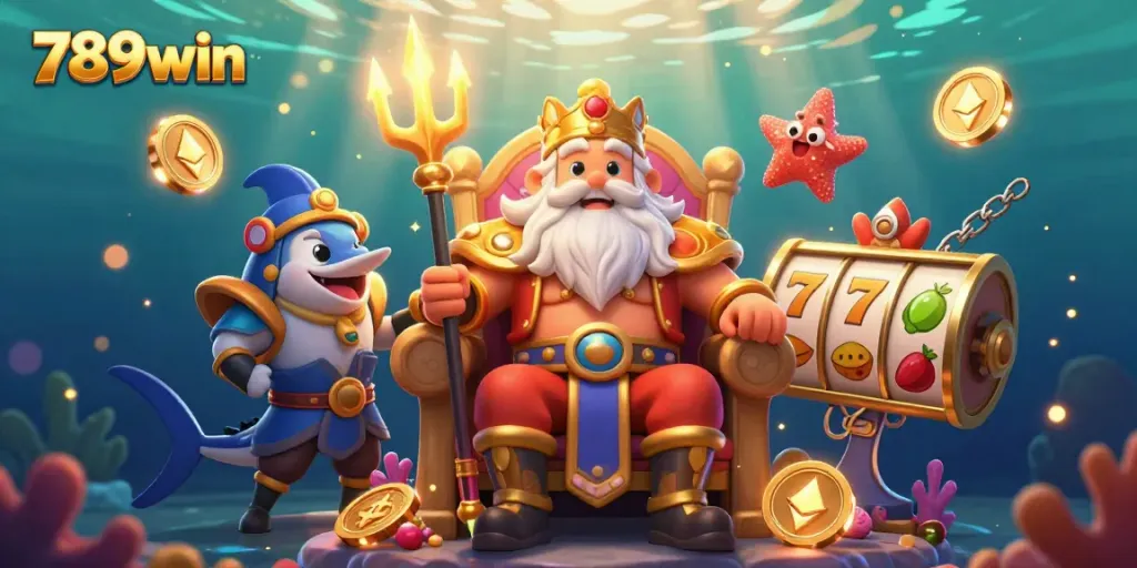 Engage in thrilling gambling with 789win amidst a vibrant underwater casino scene.