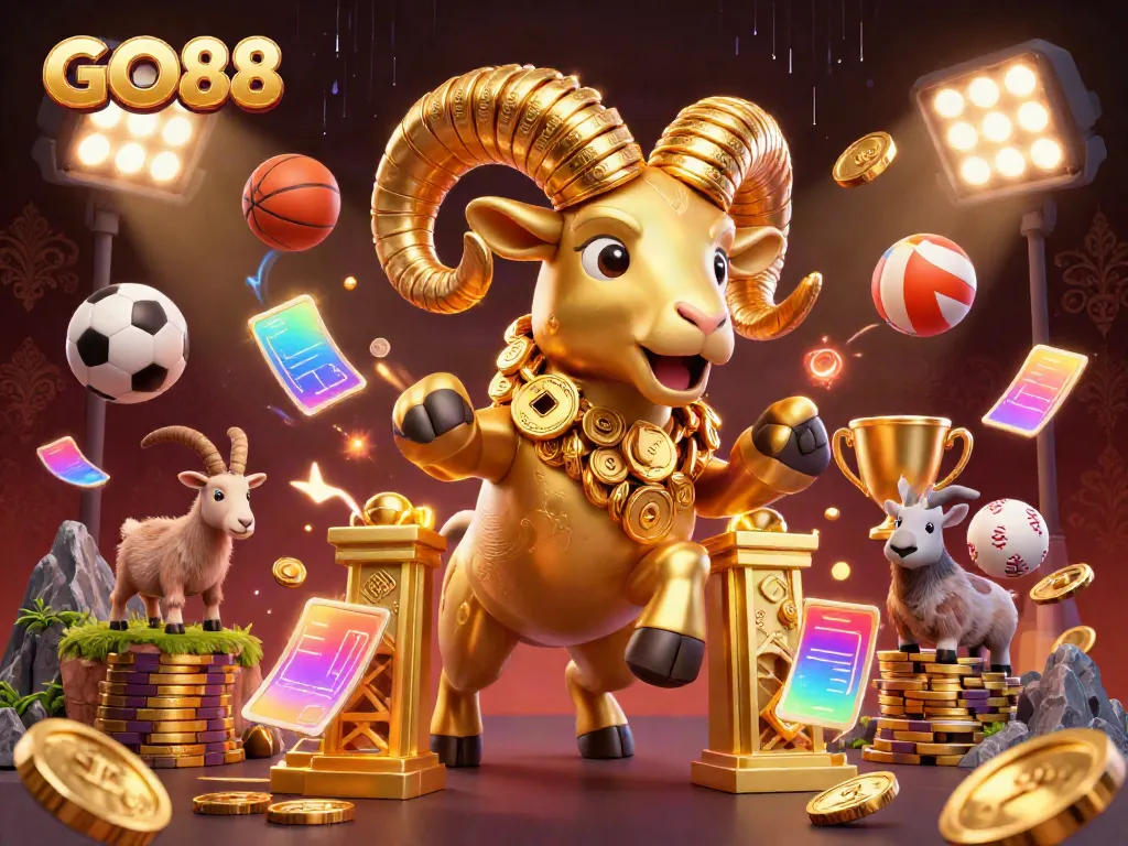 Experience GO88's vibrant sports betting world with the golden ram charging through a dynamic jackpot scene.