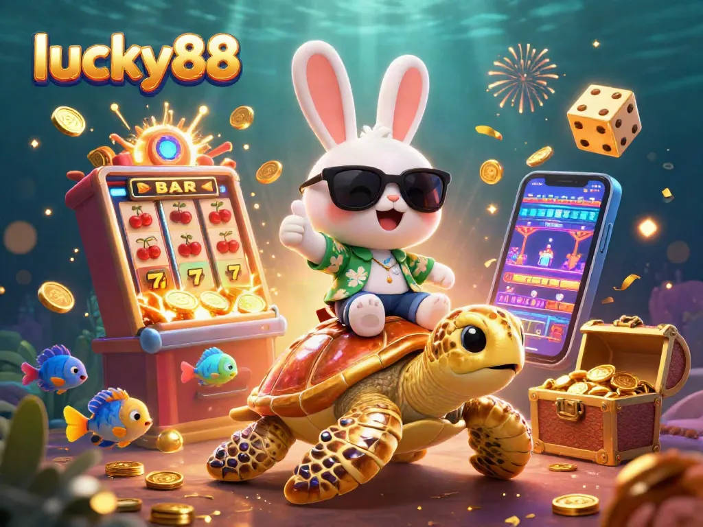 Join the vibrant world of lucky88 with a playful rabbit and a giant turtle in this casino scene.