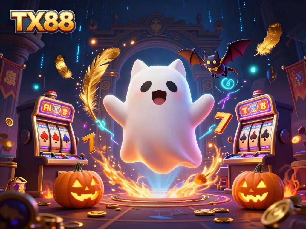 Experience the magic of TX88 casino games with a ghost cat, vampire bat, and glowing jack-o-lanterns in a haunted setting.