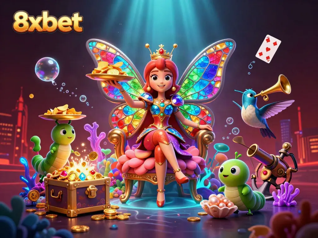 Experience excitement with the vibrant 8xbet casino scene showcasing game elements and characters in a dynamic illustration.