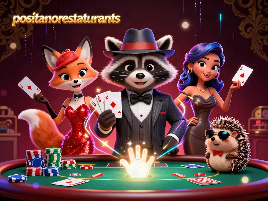 Join the action at positanorestaurants with a suave raccoon, dazzling fox, and energetic bouncer in a vibrant casino scene.