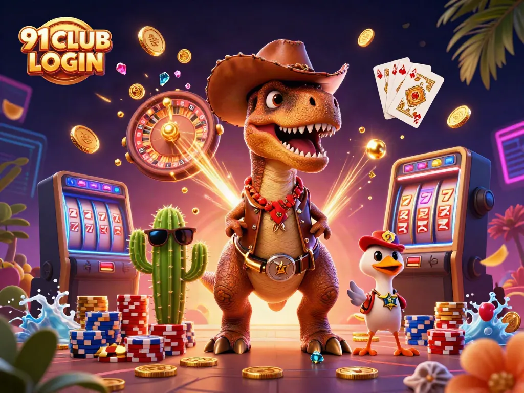 Experience thrilling wins with 91 CLUB LOGIN as vibrant characters celebrate in a dynamic casino scene.