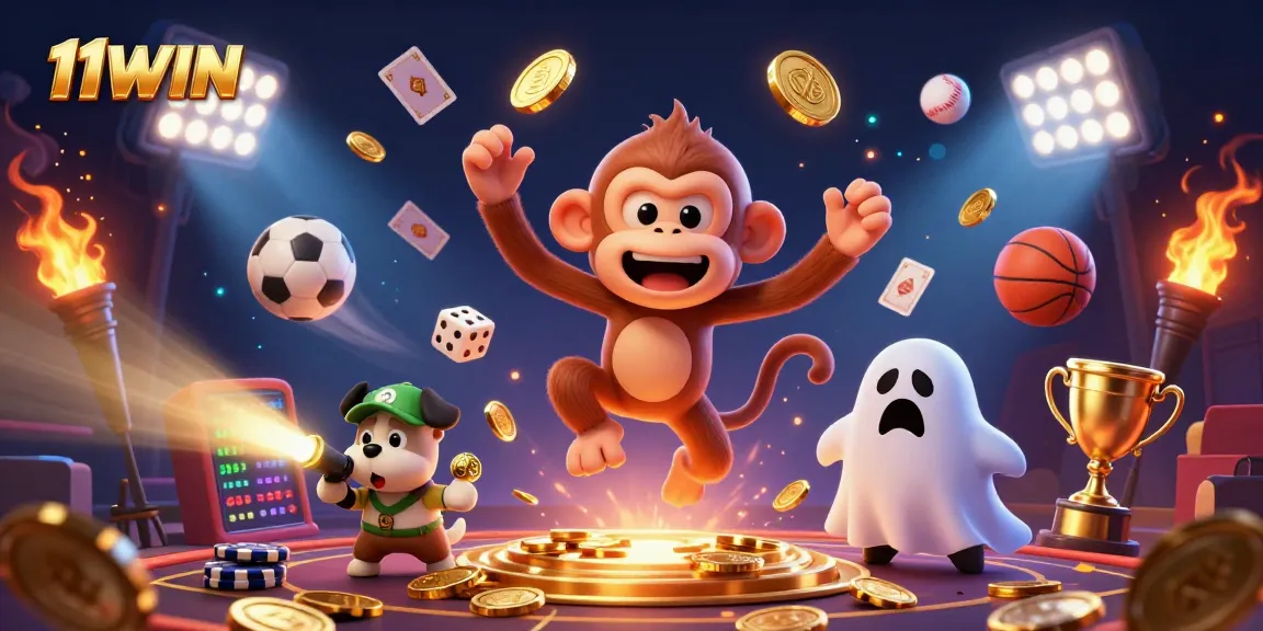 Experience the thrill of 11WIN with a mischievous poltergeist monkey and ghost-hunter puppy in a dynamic haunted casino scene.
