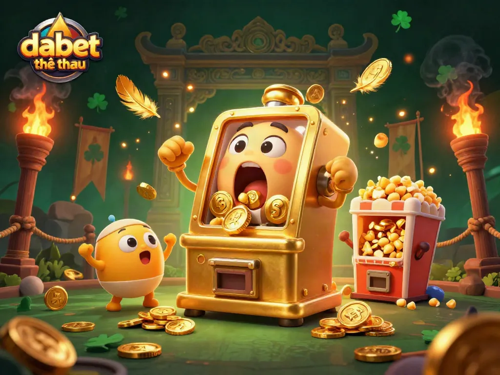Dabet thể thao features a gold slot machine celebrating its jackpot with cheering smaller slots amid a vibrant casino scene.