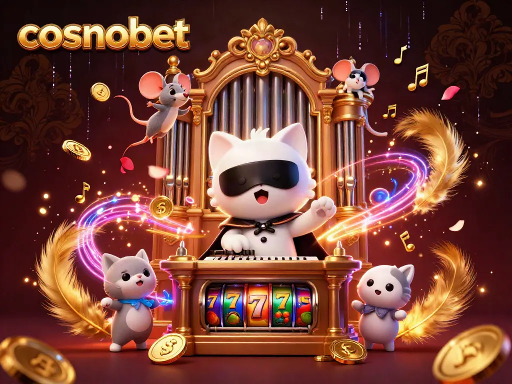 Experience the magic of cosmobet with a whimsical casino scene featuring winning slots and acrobatics.