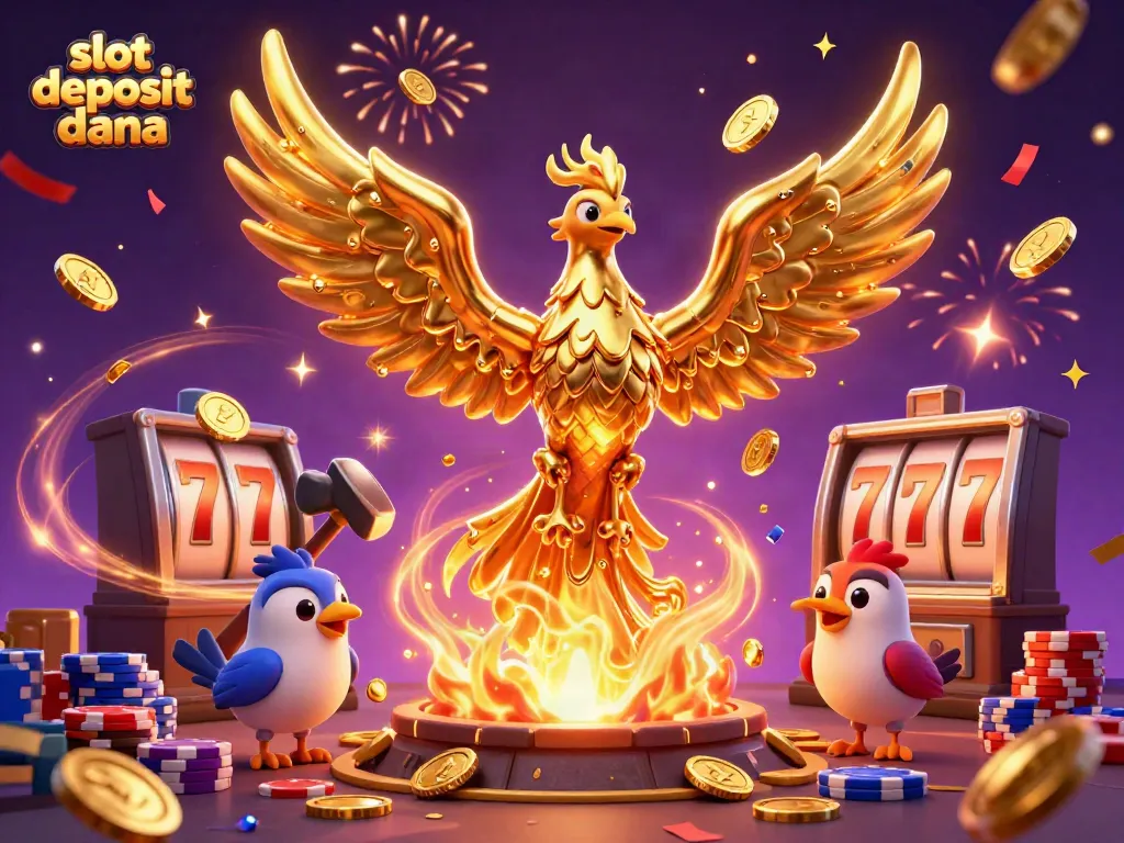Experience the excitement of online gaming with slot deposit dana, featuring a molten golden phoenix and vibrant casino elements.