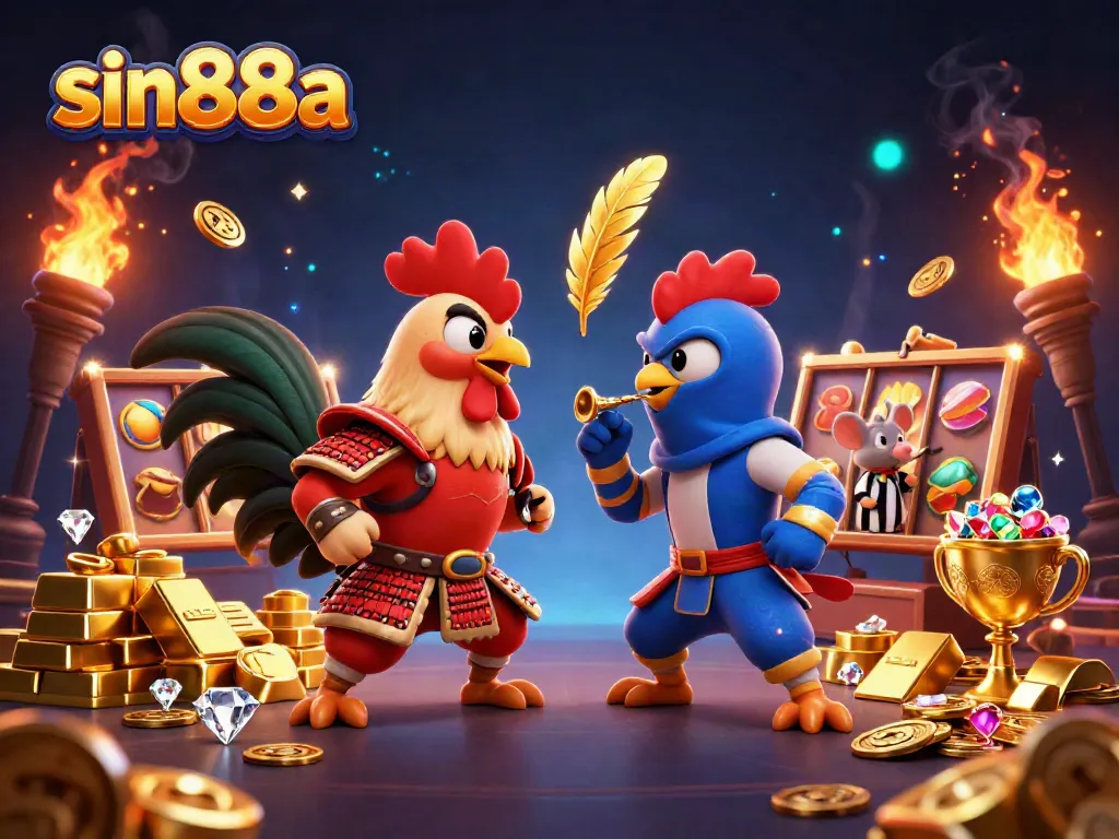Engage with sin88a's thrilling gaming scene featuring action-packed roosters dueling amidst casino riches.
