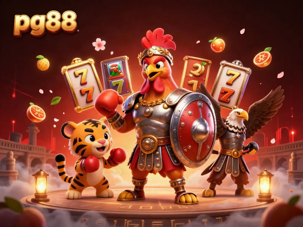 Win big with pg88! 3D illustration of a rooster gladiator and lucky gaming elements.