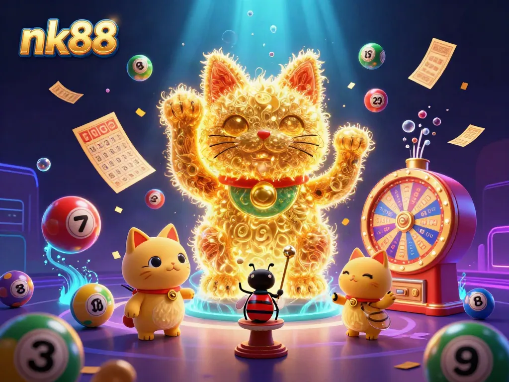 Experience thrilling wins at nk88 with vibrant game characters and casino symbols in this dynamic illustration.
