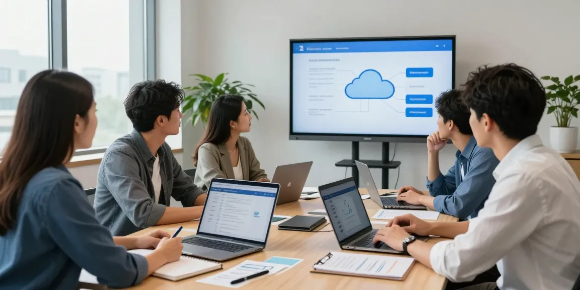Team collaborating on a cloud based phone system at a modern office conference table with laptops and presentation displays.