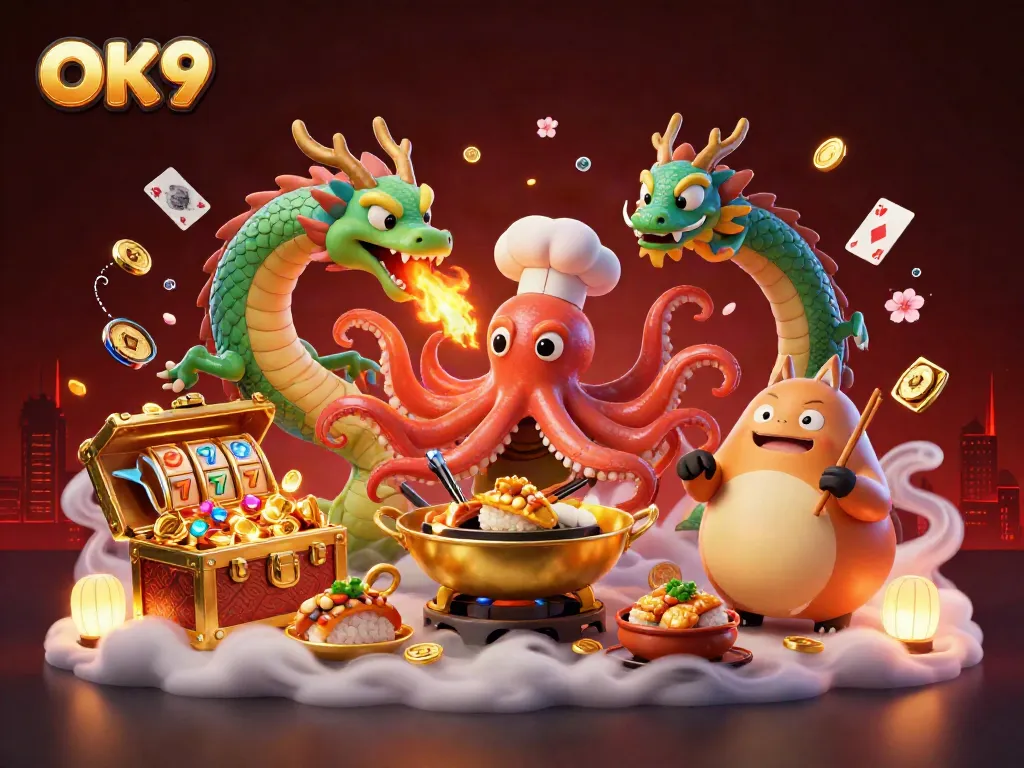 Experience the excitement of casino games with OK9's vibrant illustration showcasing interactive elements and stunning characters.