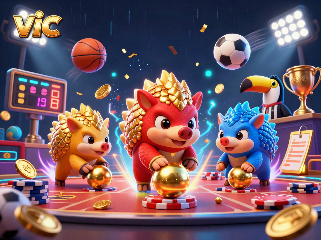 Vic pangolins compete in a vibrant casino scene, showcasing dynamic gambling action with poker chips and sports elements.