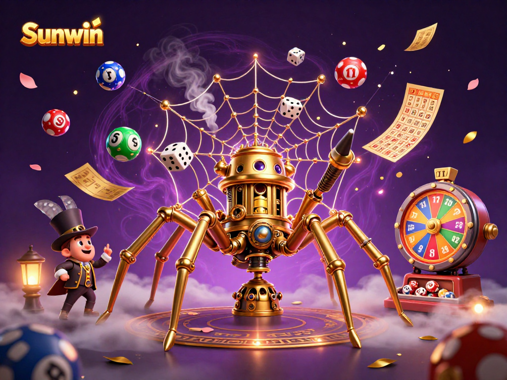 Experience the excitement of Sunwin with a golden spider caught in a web of gambling magic surrounded by vibrant lottery elements.
