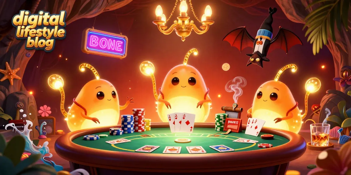 Engage in a vibrant digital lifestyle blog casino scene with colorful poker action and glowworm charm.