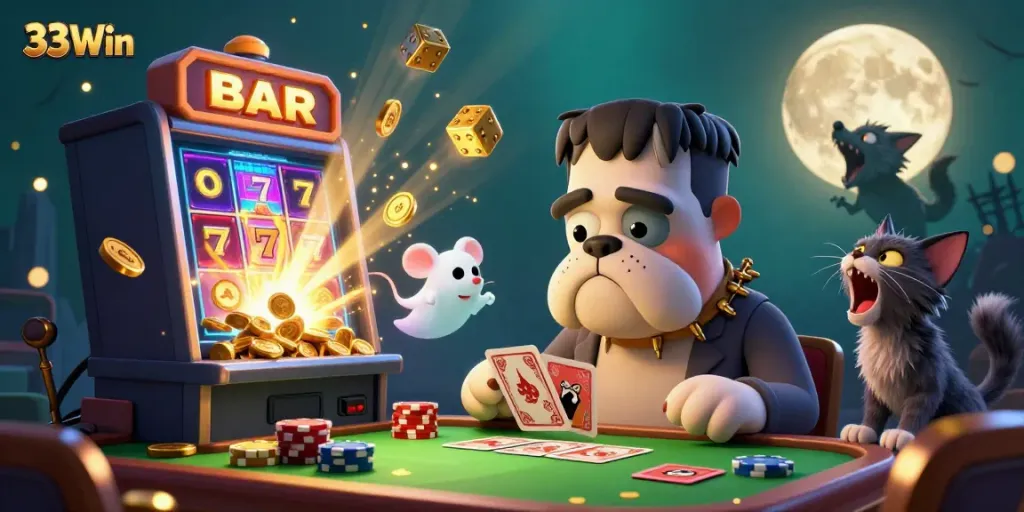 Experience the thrill of 33Win with a psychedelic digital casino scene showcasing a Frankenstein bulldog dealer amidst dynamic slot machine action.