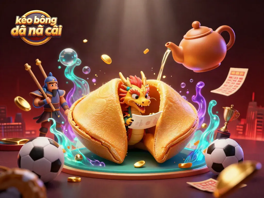 Place bets on kèo bóng đá nhà cái with a vibrant, dynamic scene showcasing fortune cookie fortune reading.