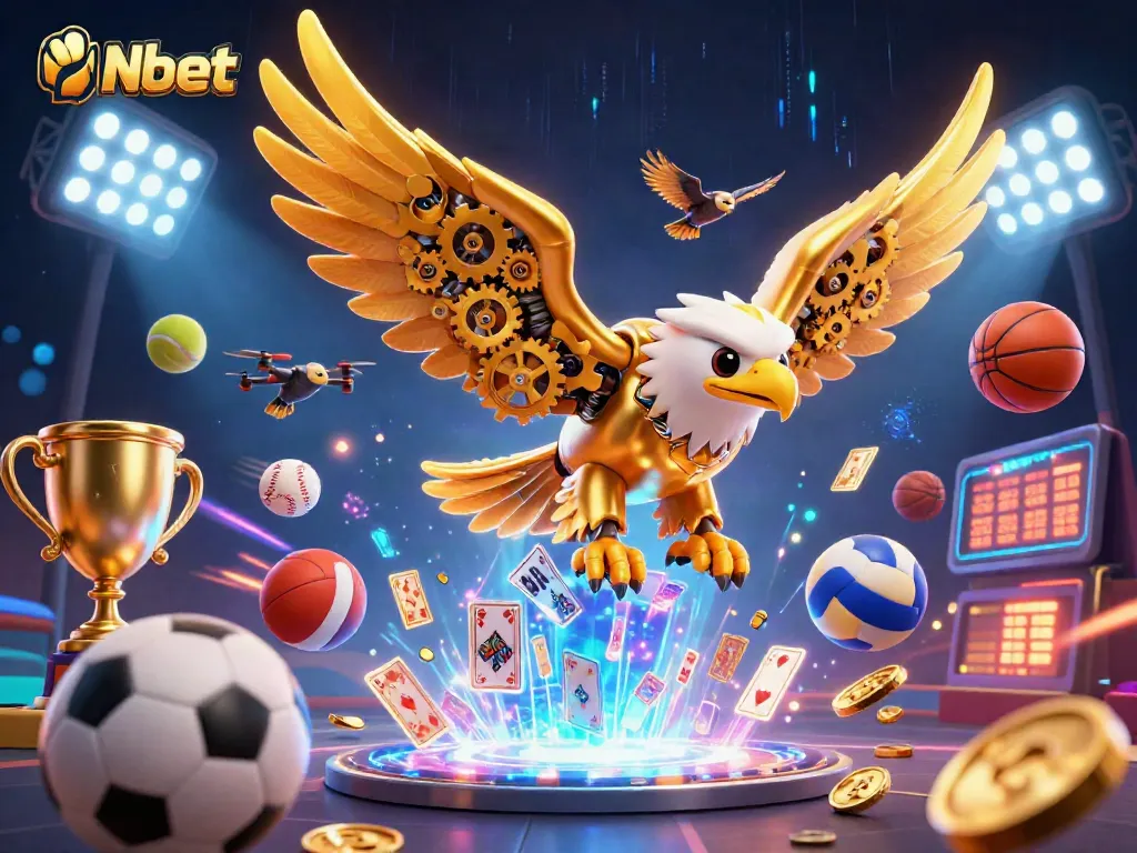 Nbet players engage vigorously with a vibrant 3D scene filled with dynamic betting elements and holographic cards.