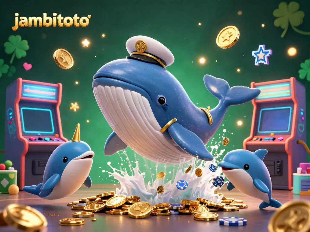 Experience thrilling action with jambitoto in this vibrant 3D casino scene featuring a whale, narwhal, and dolphins.