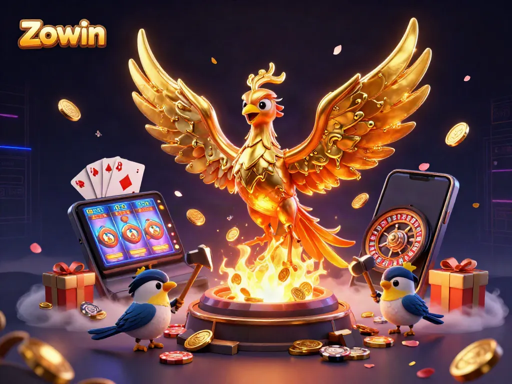 Zowin's gaming experience showcased by molten phoenix and dynamic casino elements.