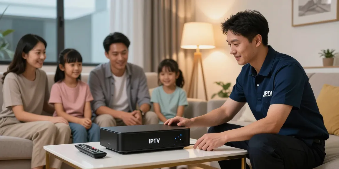 Experienced technicians providing reliable British IPTV services to a local family in their home.