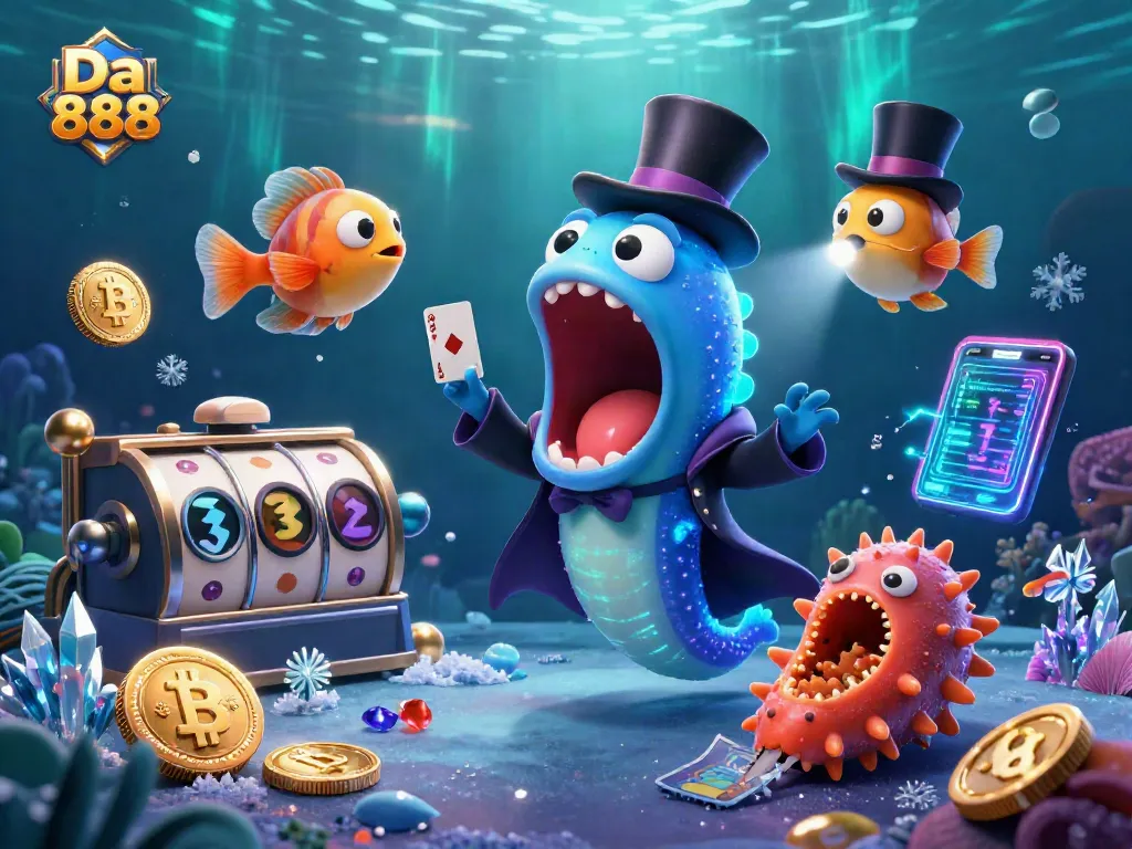 Experience thrilling gaming action with Da 888’s unique underwater casino scene featuring magical characters and vibrant elements.