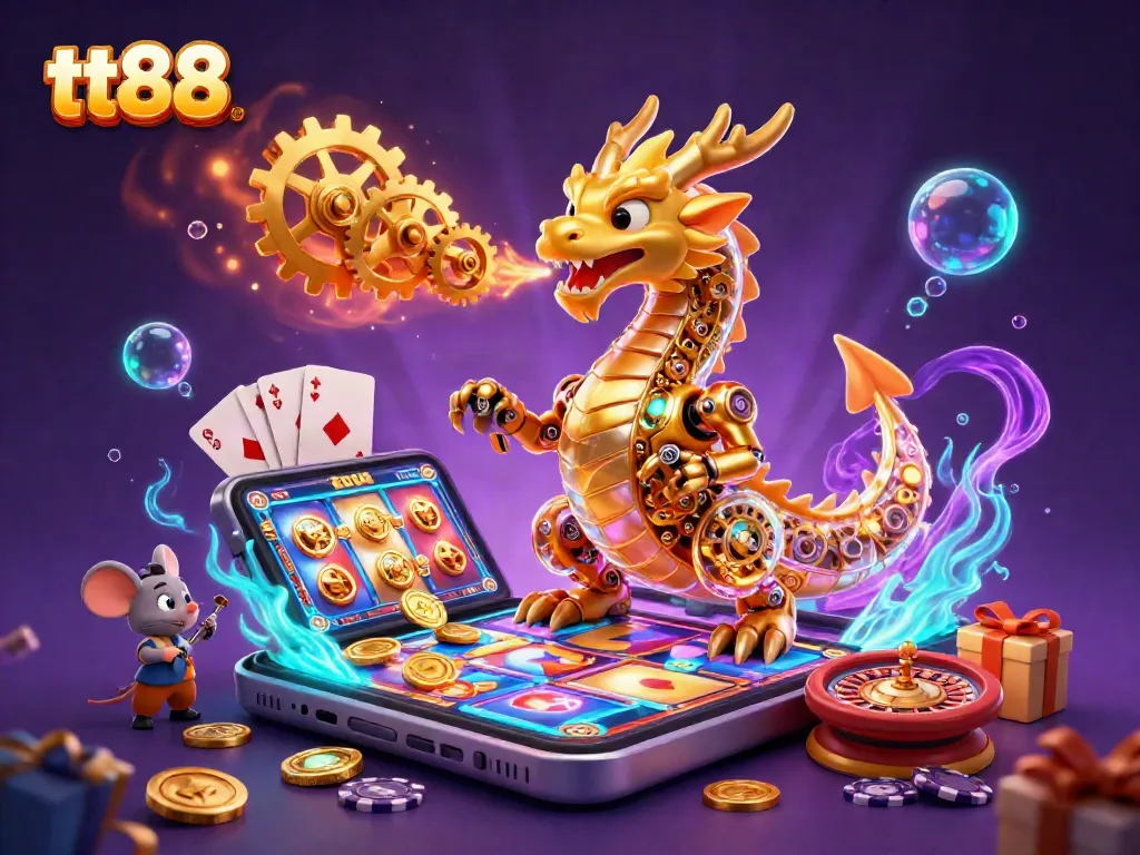Experience thrilling wins at tt88 with a dynamic illustration of a golden dragon breathing gears amidst online slot games.