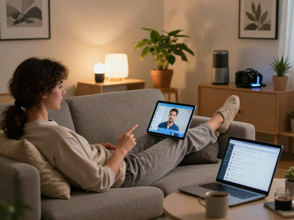 A relaxed environment for engaging in NSFW AI chat on a tablet nestled in a cozy living room.