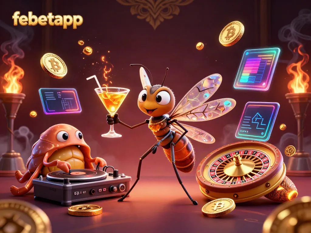 Experience the vibrant thrill of febetapp, with a dynamic 3D casino scene showcasing unique characters and colorful cryptocurrency elements.