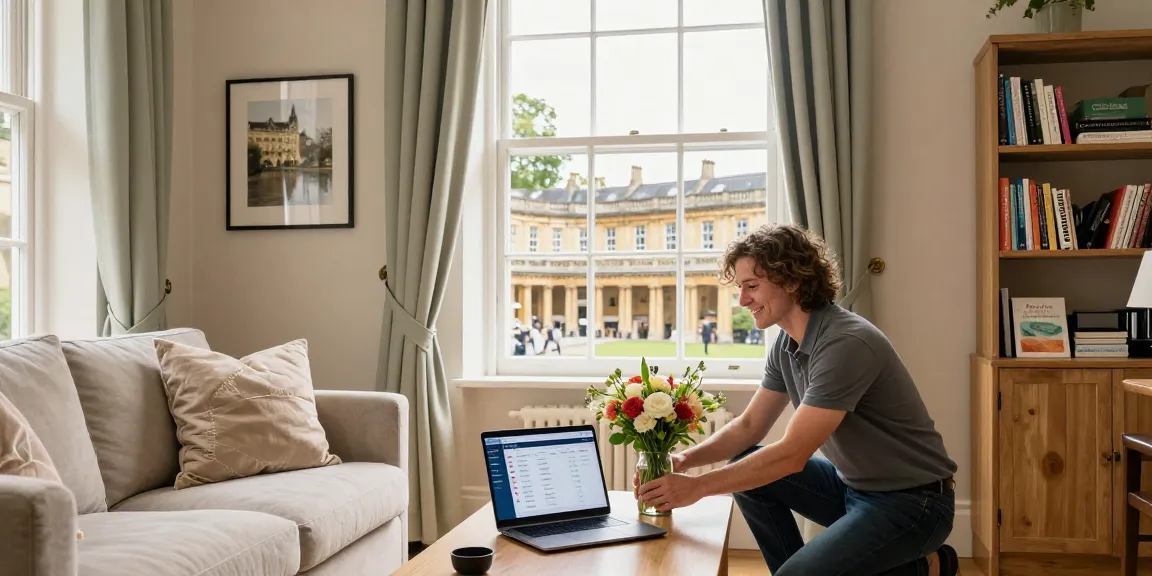Welcoming interior highlighting Bath Airbnb management with a host arranging flowers, laptop with booking dashboard, and view of Roman Baths.