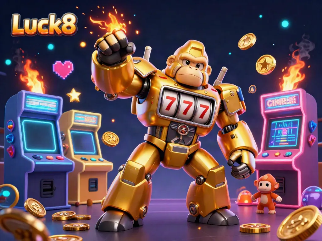 Engage with Luck8 gameplay featuring a golden gorilla mech with slot machine parts amidst vibrant game elements.