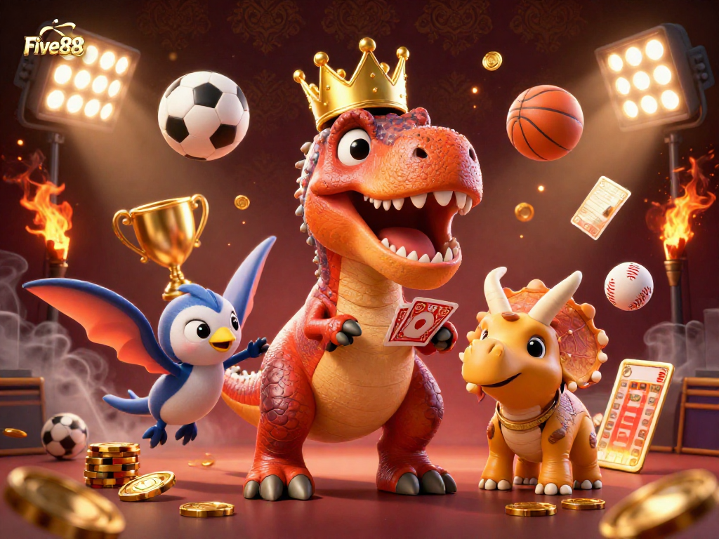 Engage with Five88's animated casino fun featuring a playful T-Rex shuffling cards amidst a vibrant gaming scene.