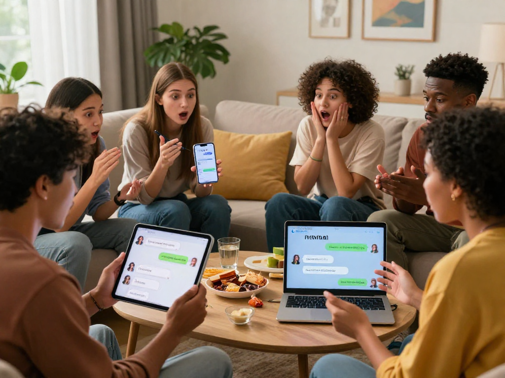 Engaging group discussing nsfw ai chat on various devices in a cozy living room.