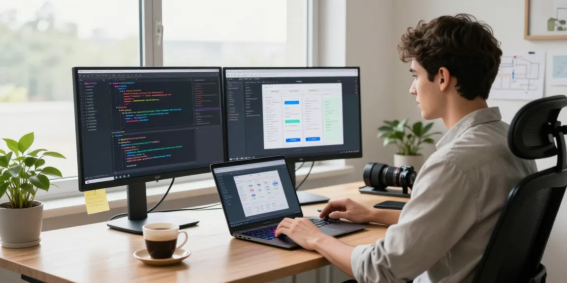 Developer building internal tools with AI in a modern workspace, coding on dual monitors with vibrant interface.