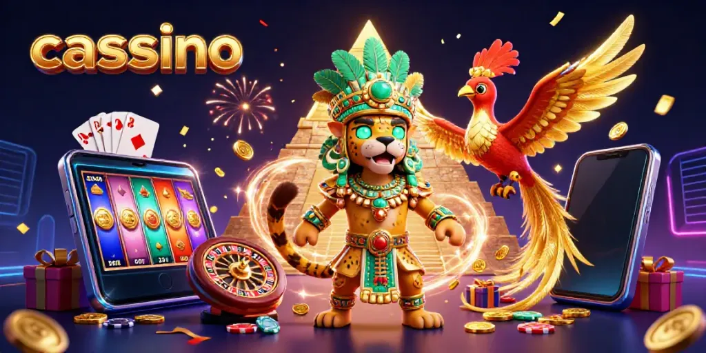 Engaging casino scene with a Mayan jaguar priest and quetzal bird amidst casino elements, vibrant and dynamic.